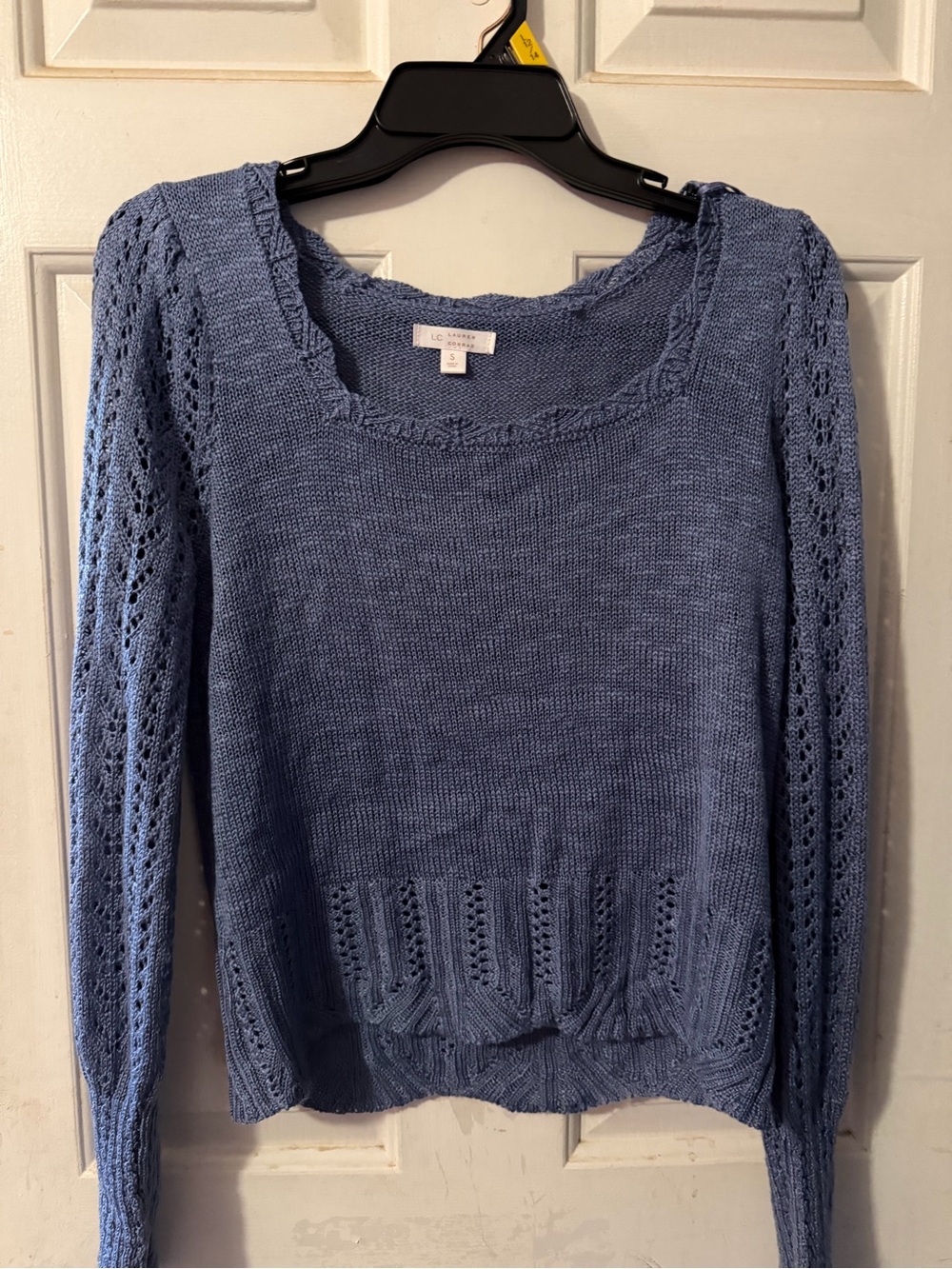 LC Lauren Conrad Dusty Blue Openwork Knit Scoop Neck Sweater